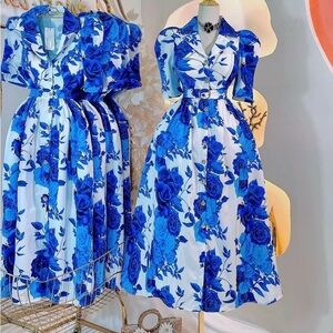 Elegant Blue Floral Women's Dress